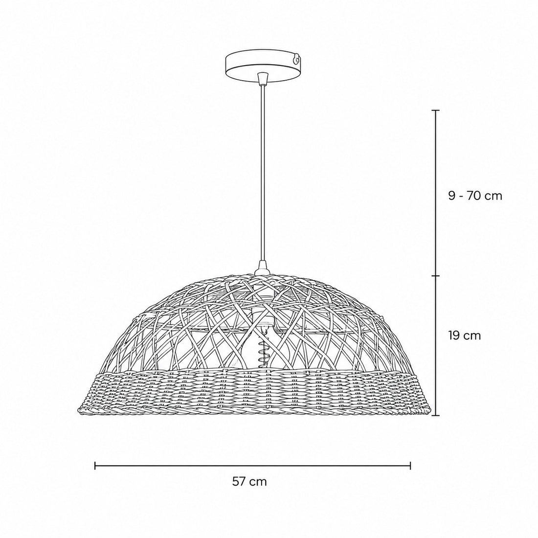 Dimensions for Saranne Two-Tone Rattan Pendant Light — Natural & Brown, 57cm