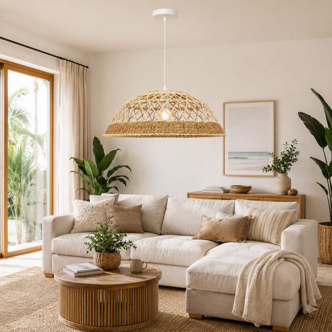 Saranne Two-Tone Rattan Pendant Light — Natural & Brown, 57cm