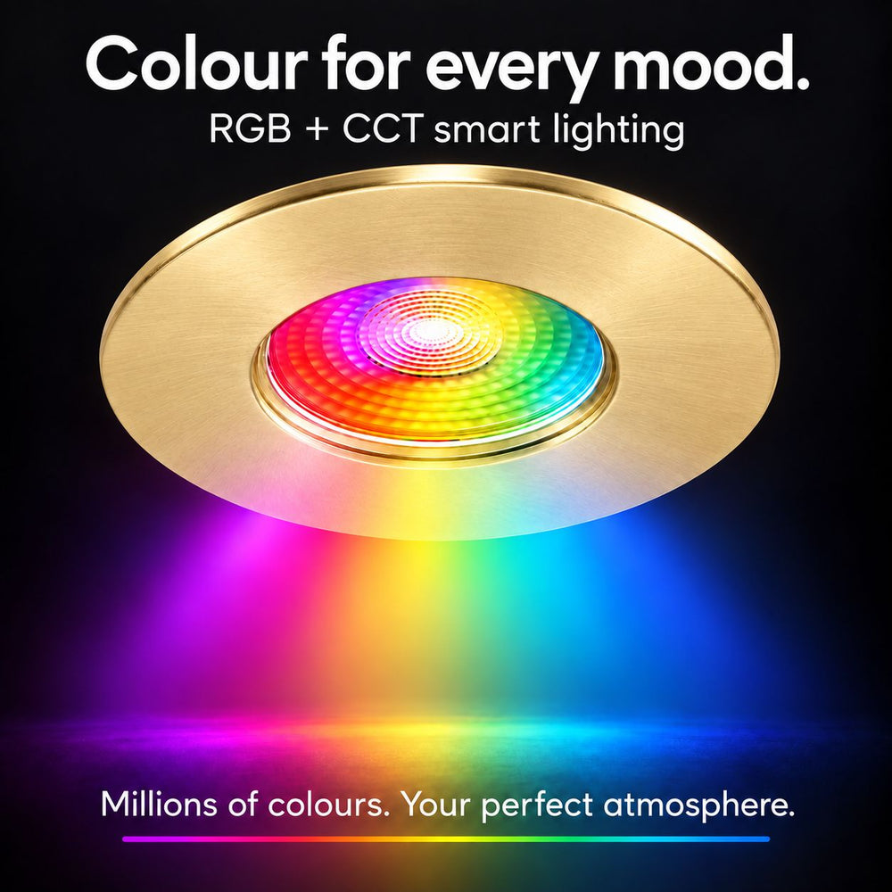 Creo Smart RGB Fire Rated Downlight — Satin Brass, IP20 in a room