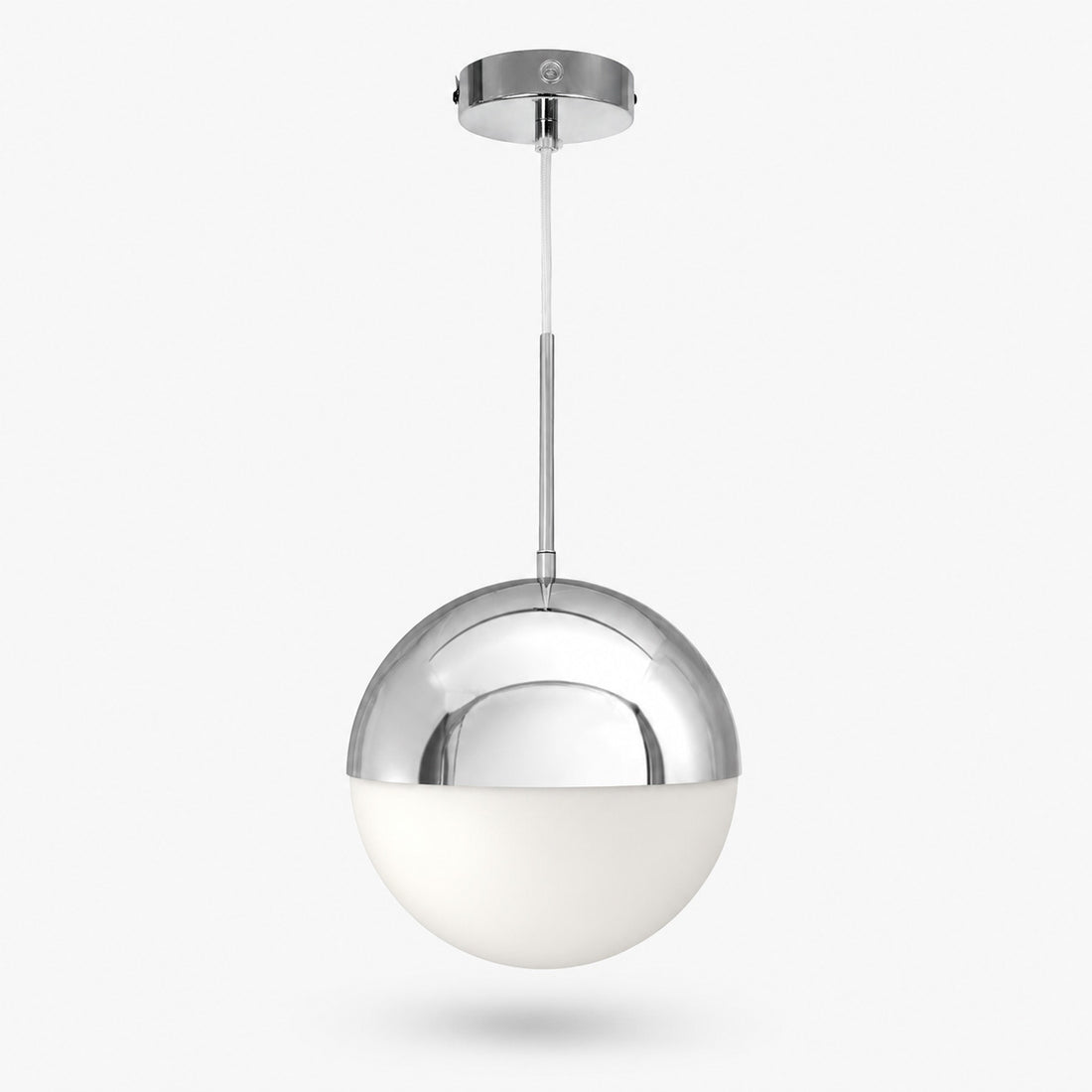 Selene chrome and opal sphere pendant unlit on a slim flex