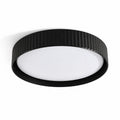 Senna black ribbed LED flush ceiling light, angled view on white