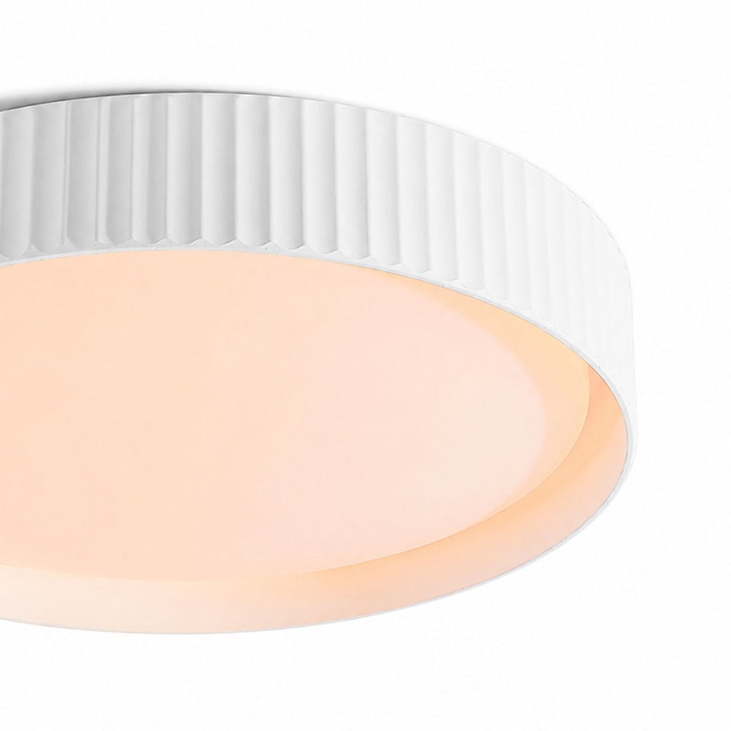 Senna white ribbed dimmable LED flush ceiling light, close-up angled view