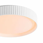 Senna white ribbed dimmable LED flush ceiling light, close-up angled view