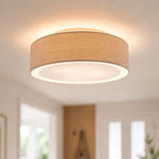 Senna dove grey linen drum flush ceiling light lit in a hallway