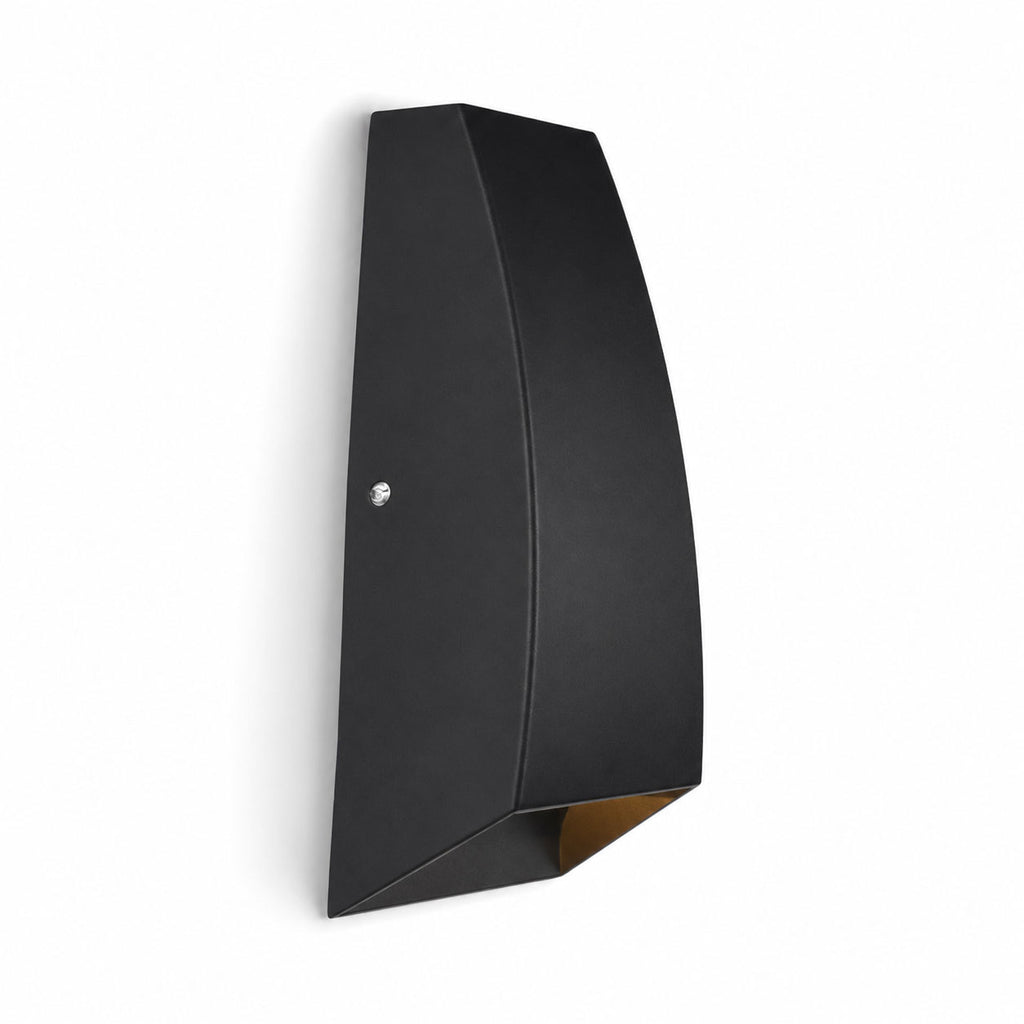 Silas black aluminium outdoor wall light, side view showing the downward opening