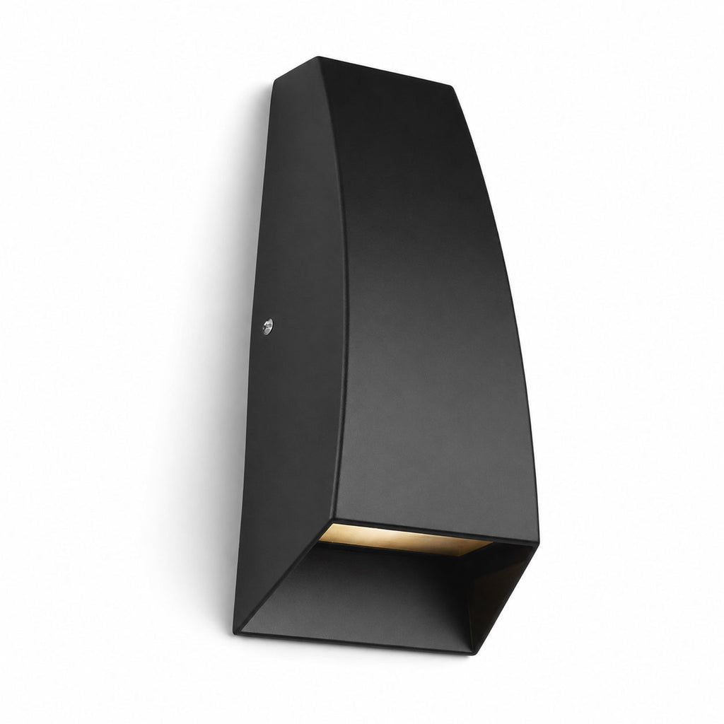 Silas sleek black aluminium wedge outdoor wall light, front angled view on white