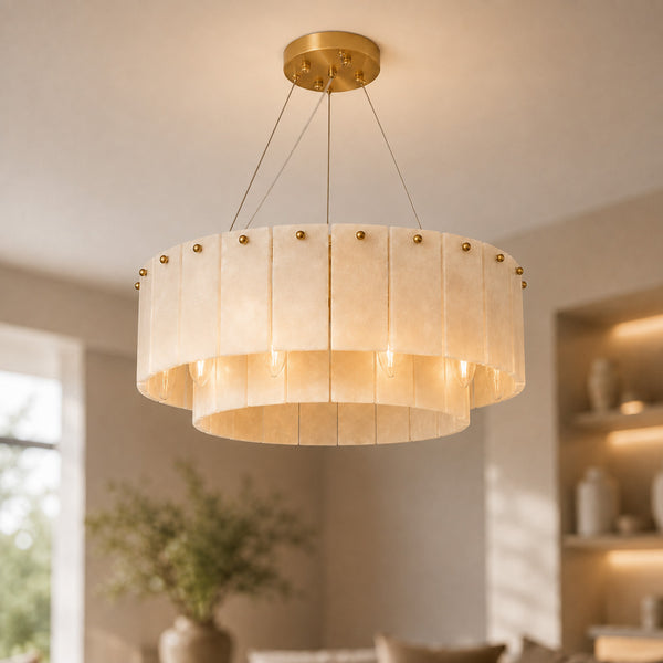 Solara two-tier alabaster ring chandelier in satin brass, lit