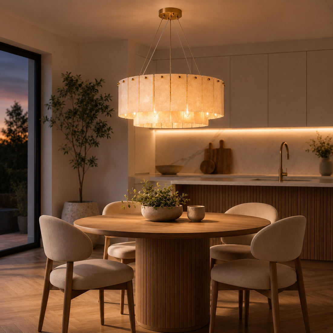 How Solara Alabaster Ring Chandelier — Satin Brass lights a room