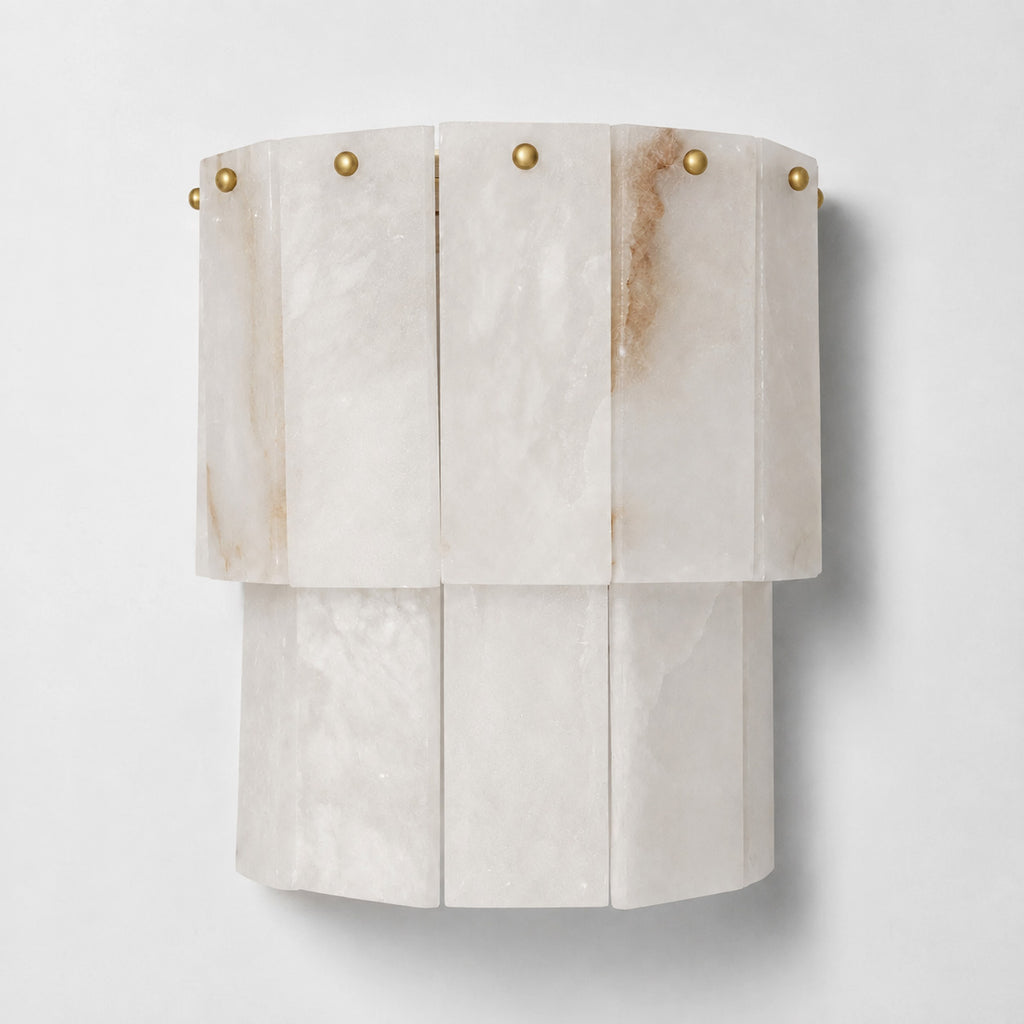 Unlit two-tier alabaster wall light showing natural stone veining