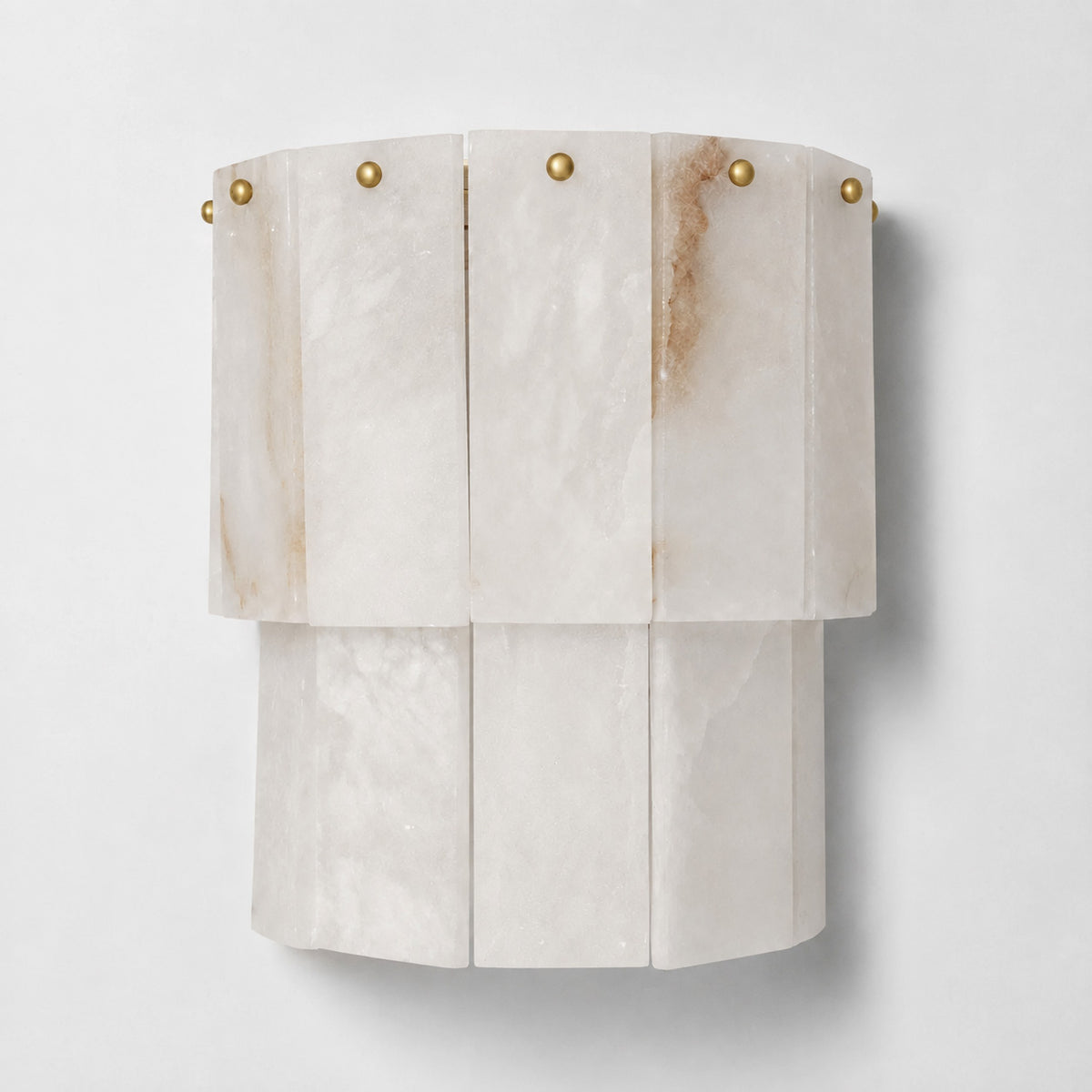 Unlit two-tier alabaster wall light showing natural stone veining