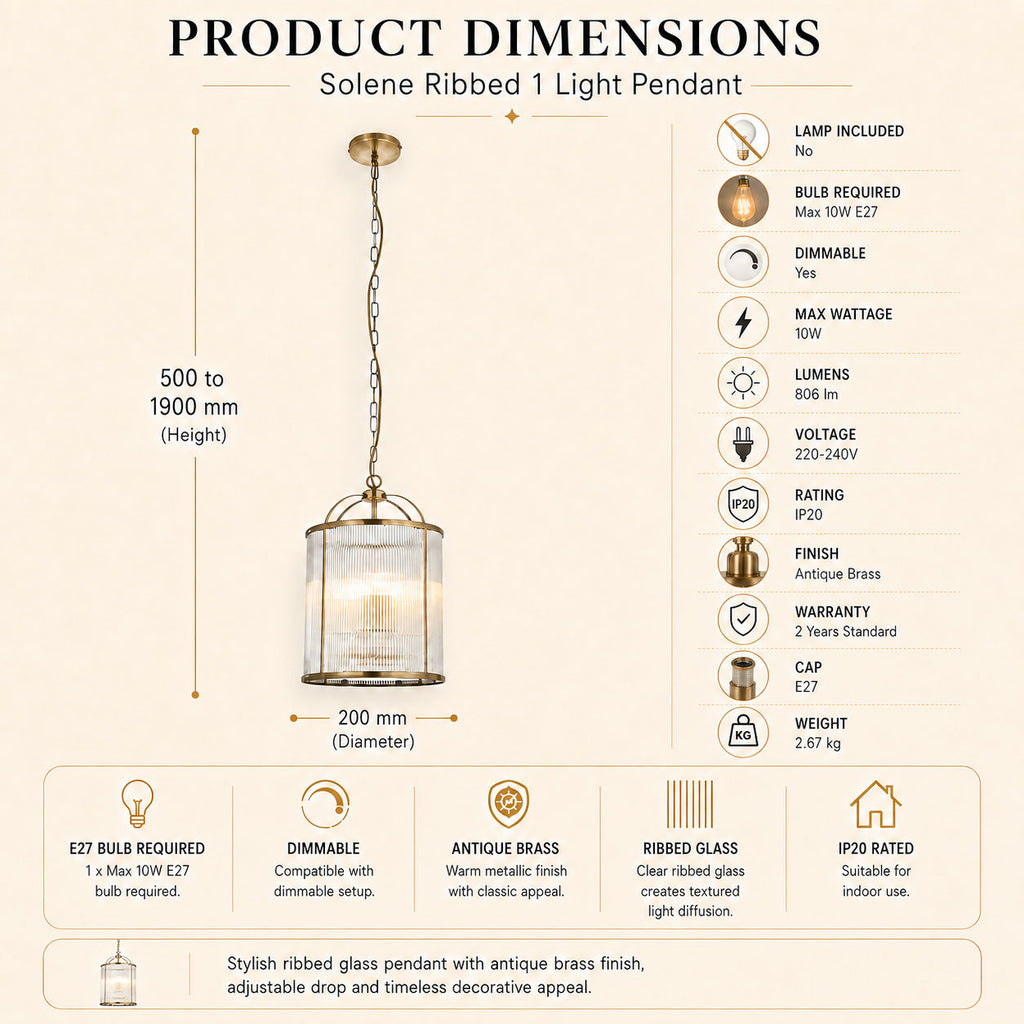 Solene Ribbed Ceiling Pendant — Glass, Antique Brass