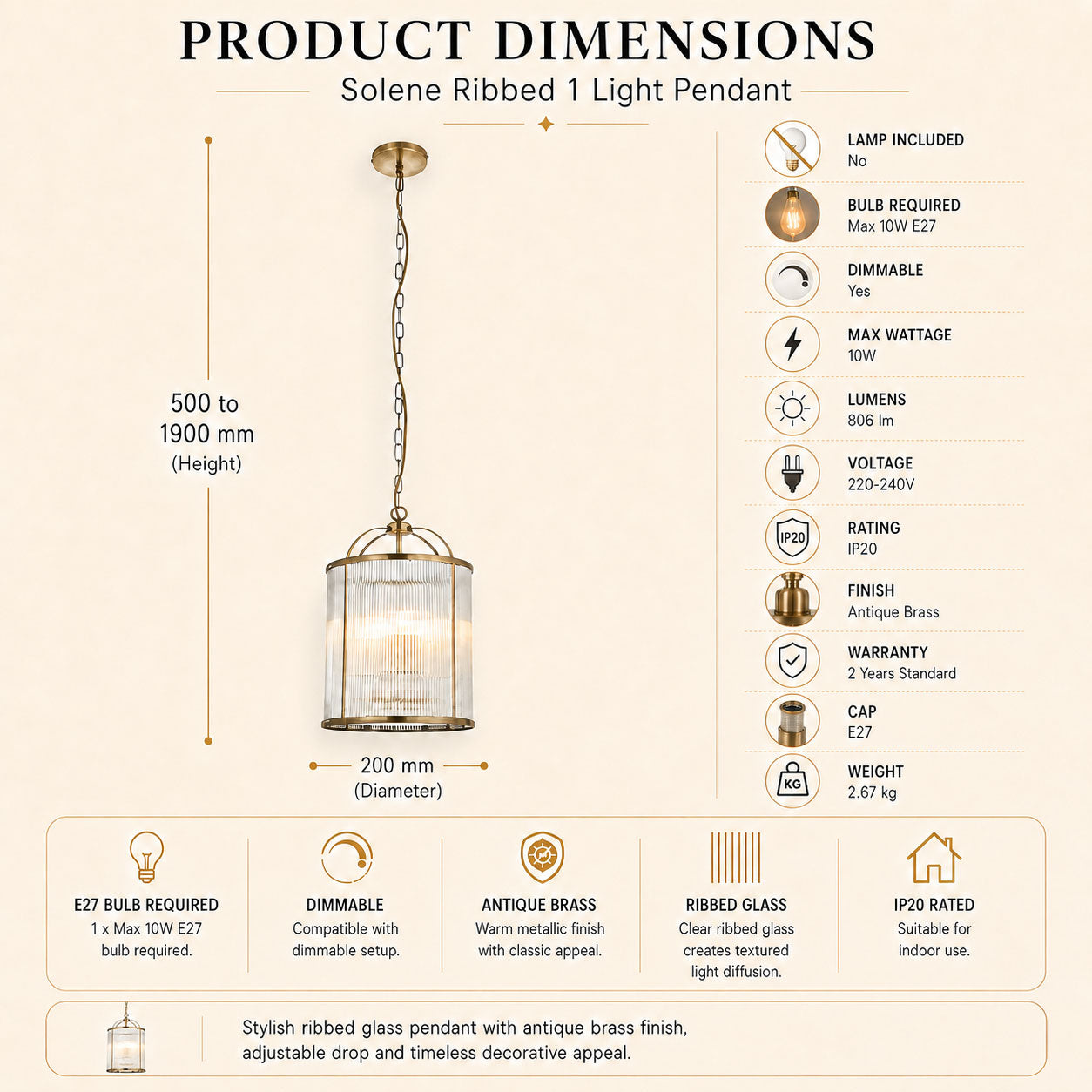 Solene Ribbed Ceiling Pendant — Glass, Antique Brass