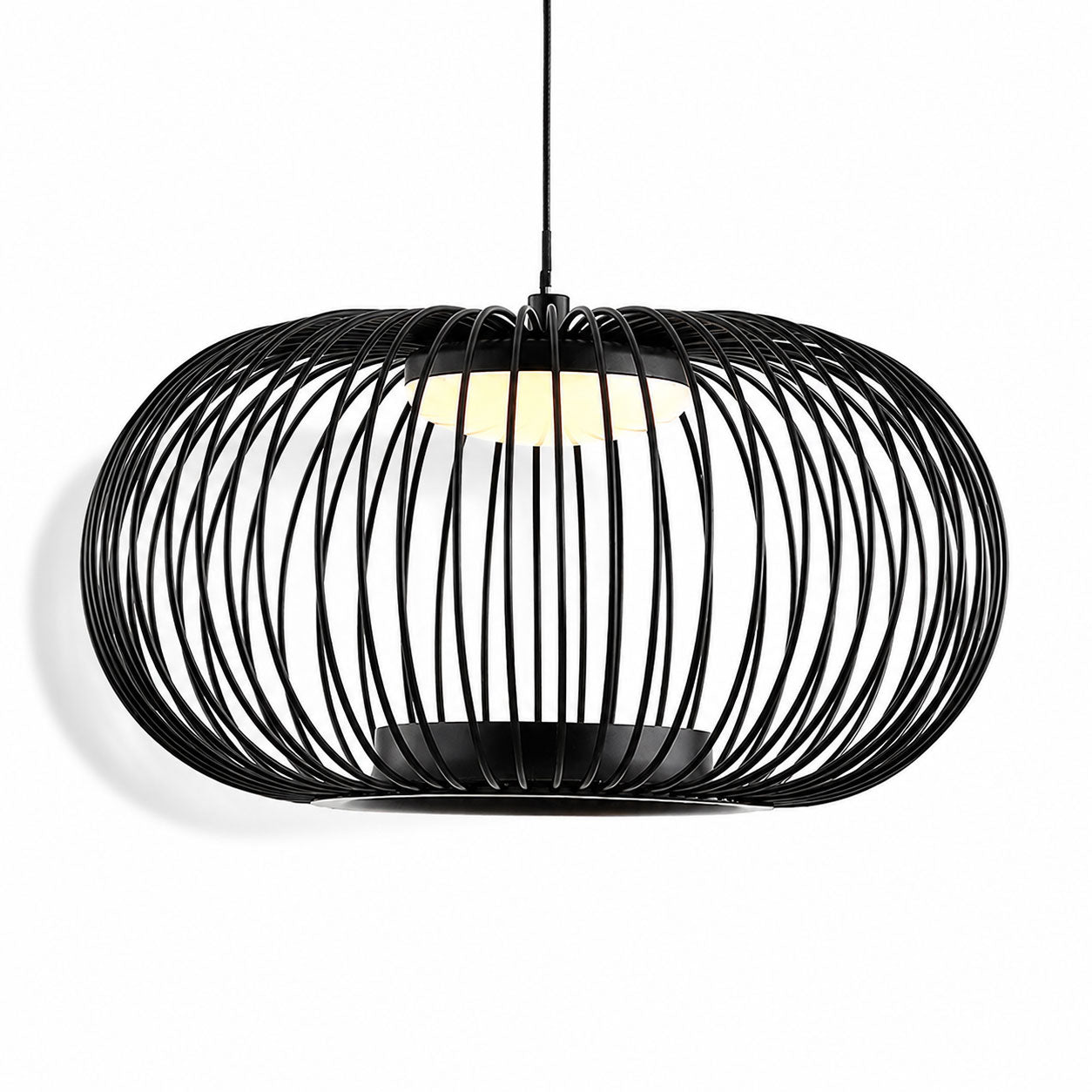 Solna black dimmable openwork cage pendant, close-up angled view