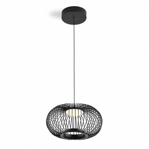 Solna black openwork cage pendant light with LED disc, hanging on a black cord