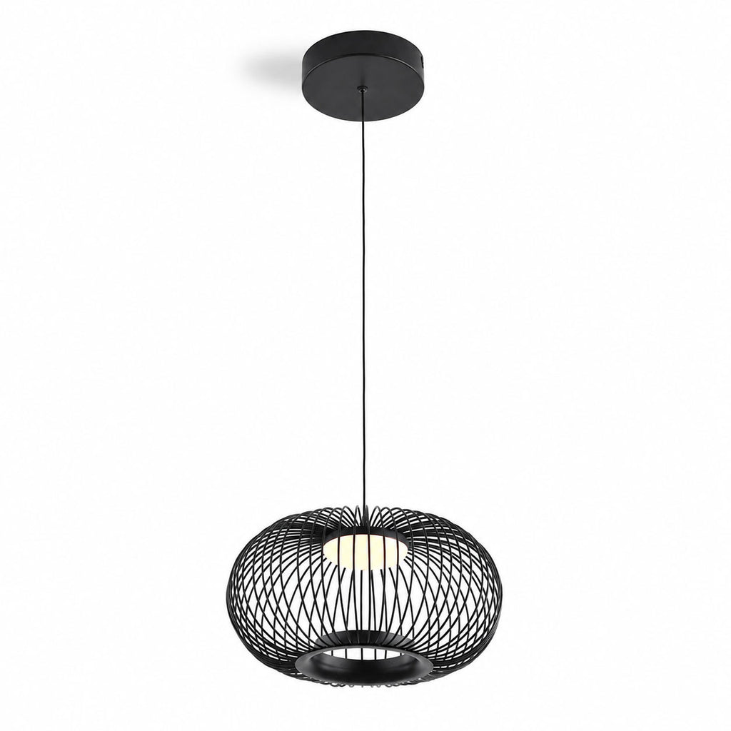 Solna black openwork cage pendant light with LED disc, hanging on a black cord