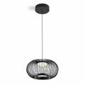 Solna black openwork cage pendant light with LED disc, hanging on a black cord