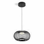 Solna black openwork cage pendant light with LED disc, hanging on a black cord