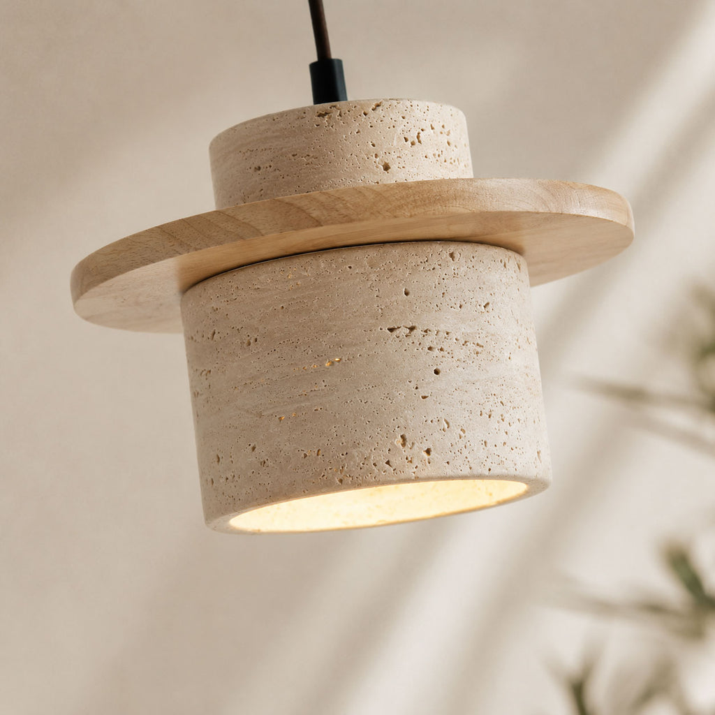 Sora Cylindrical Pendant Light — Wood, Natural Stone