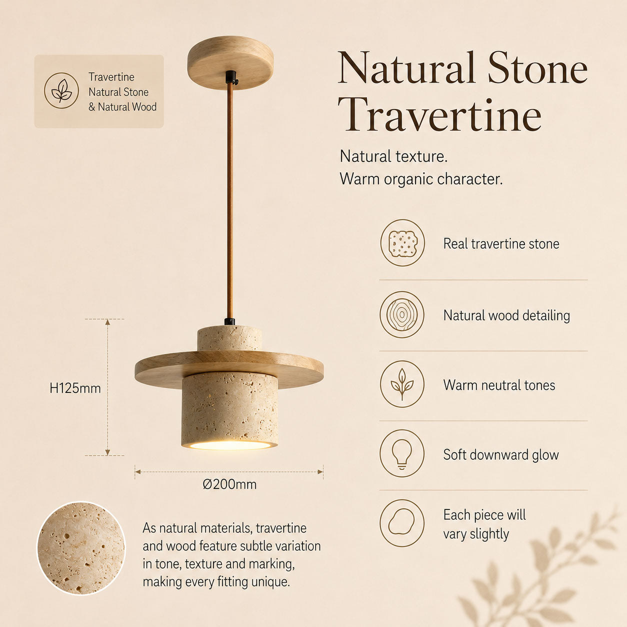 Sora Cylindrical Pendant Light — Wood, Natural Stone