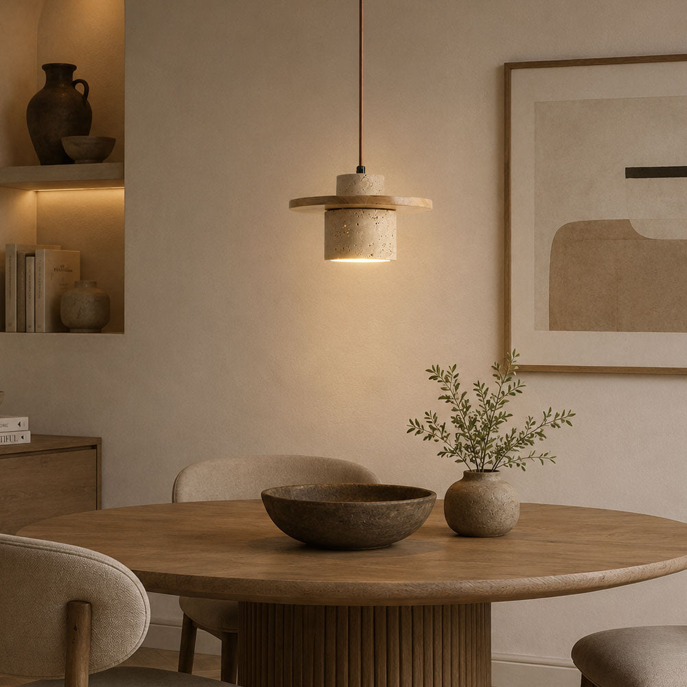 Sora Cylindrical Pendant Light — Wood, Natural Stone