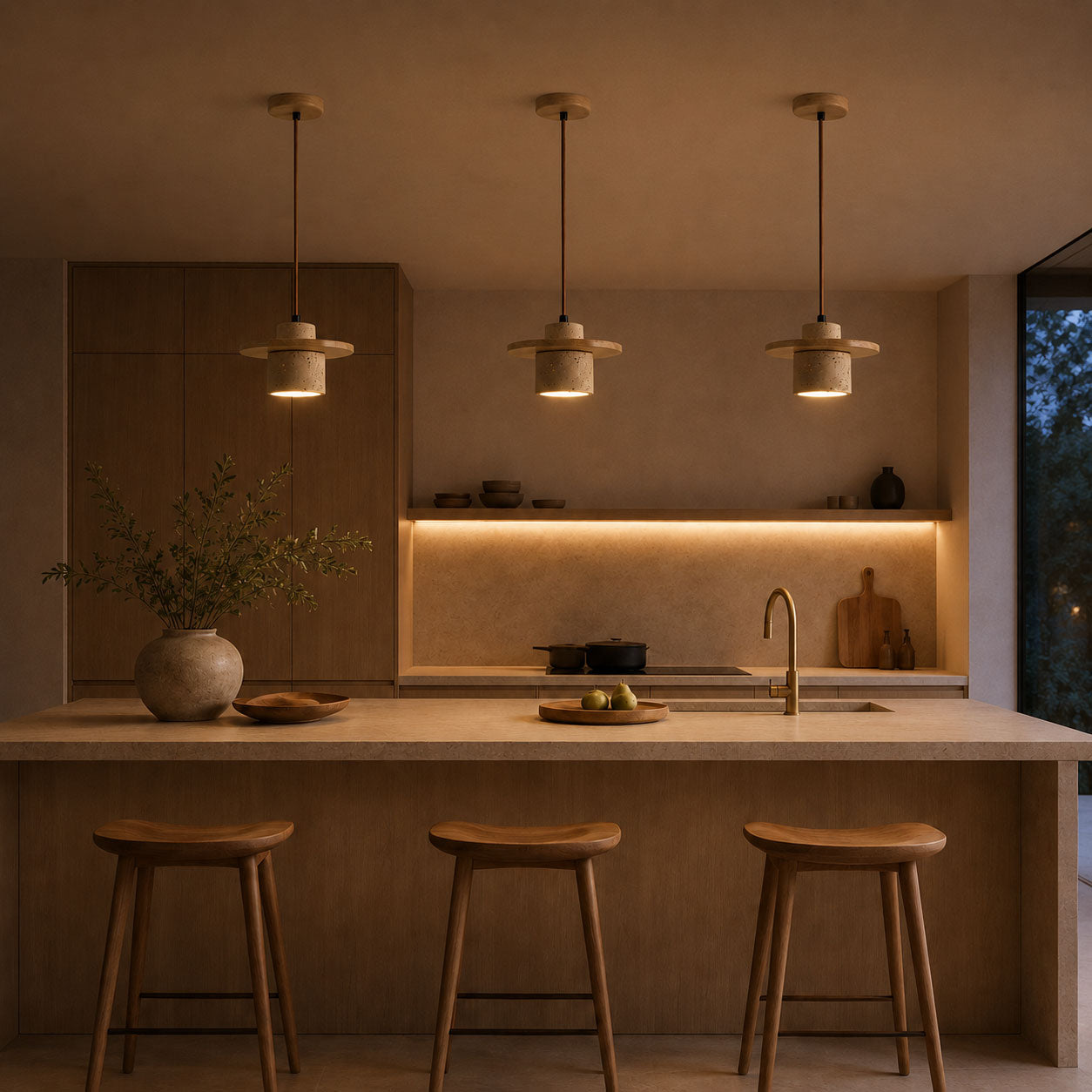 Sora Cylindrical Pendant Light — Wood, Natural Stone