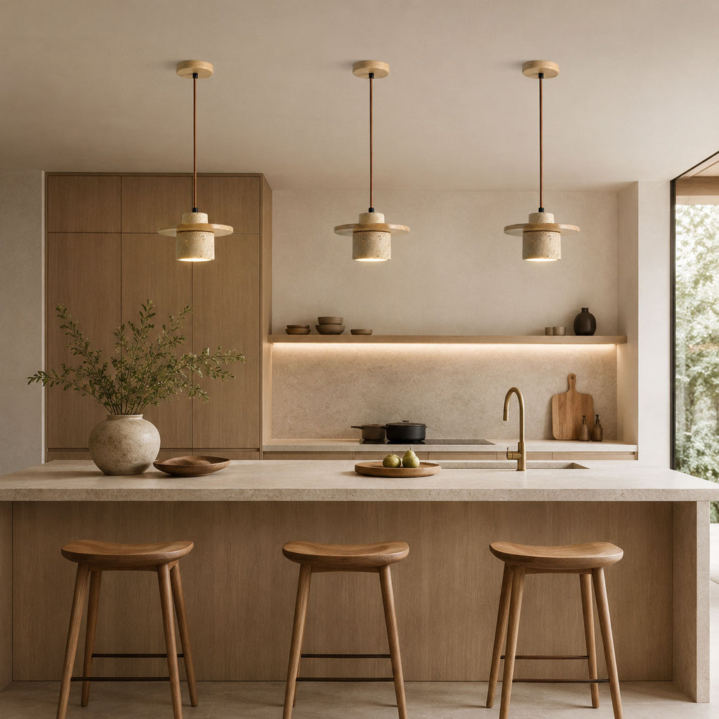 Sora Cylindrical Pendant Light — Wood, Natural Stone