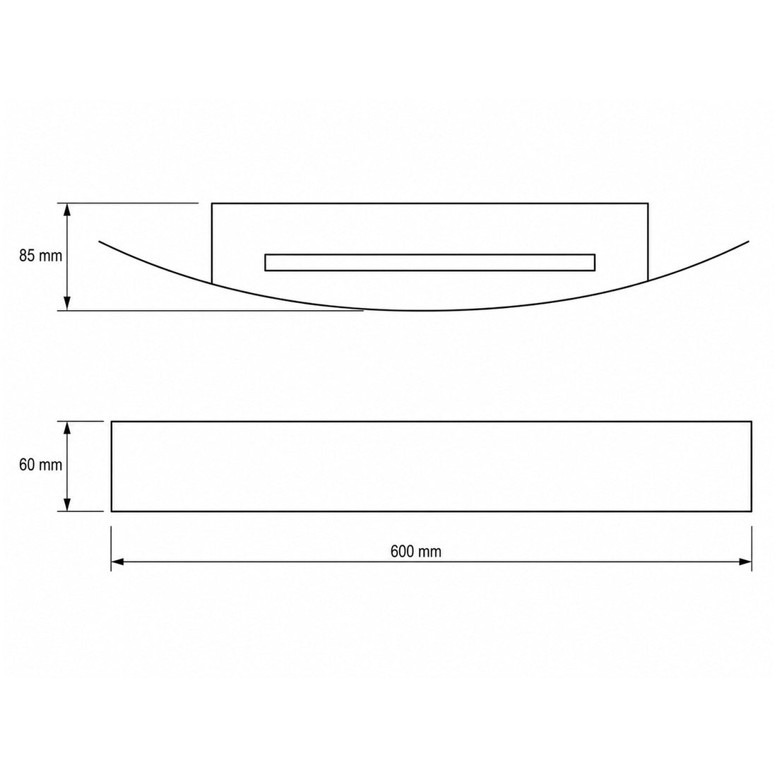 Spoiler white wall light dimensions — 600mm wide, 85mm high, 60mm deep