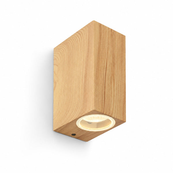Talia wood-effect aluminium up and down wall light, angled view on white
