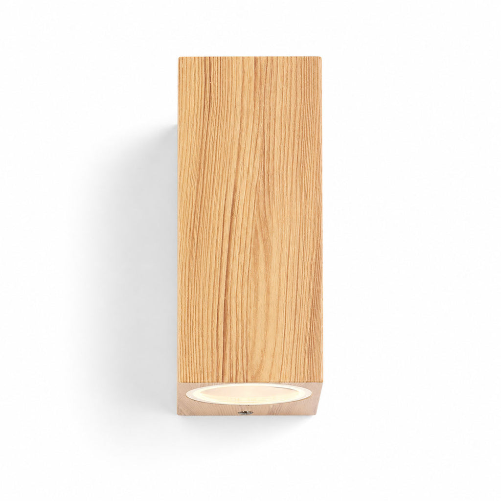 Talia wood-effect up down wall light, front view showing the lower GU10 aperture