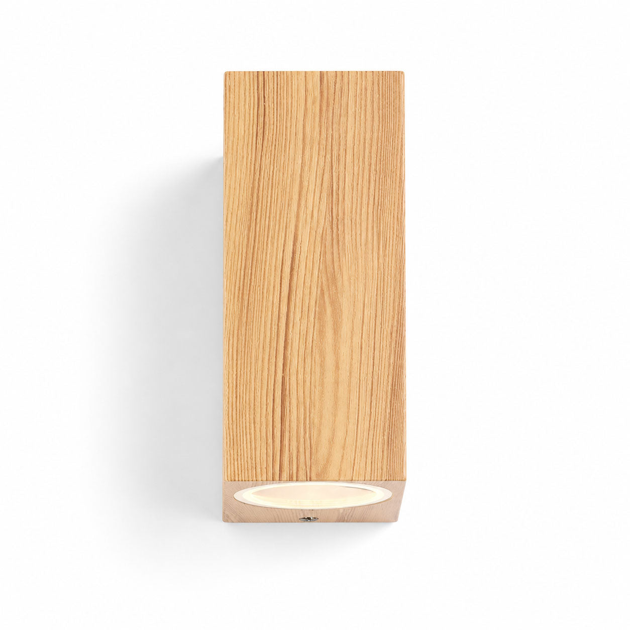 Talia wood-effect up down wall light, front view showing the lower GU10 aperture