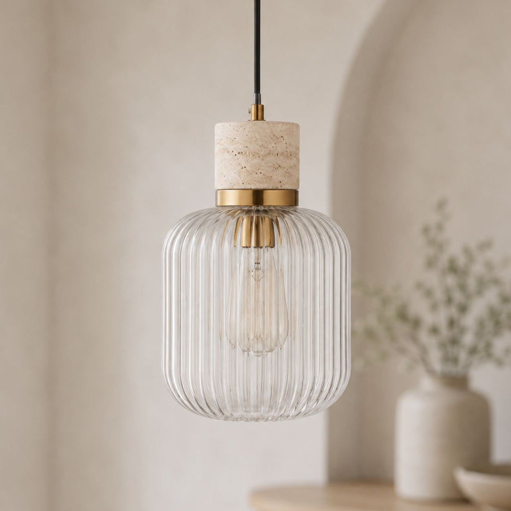 Taverna Ribbed Glass Pendant Light — Travertine & Vintage Brass