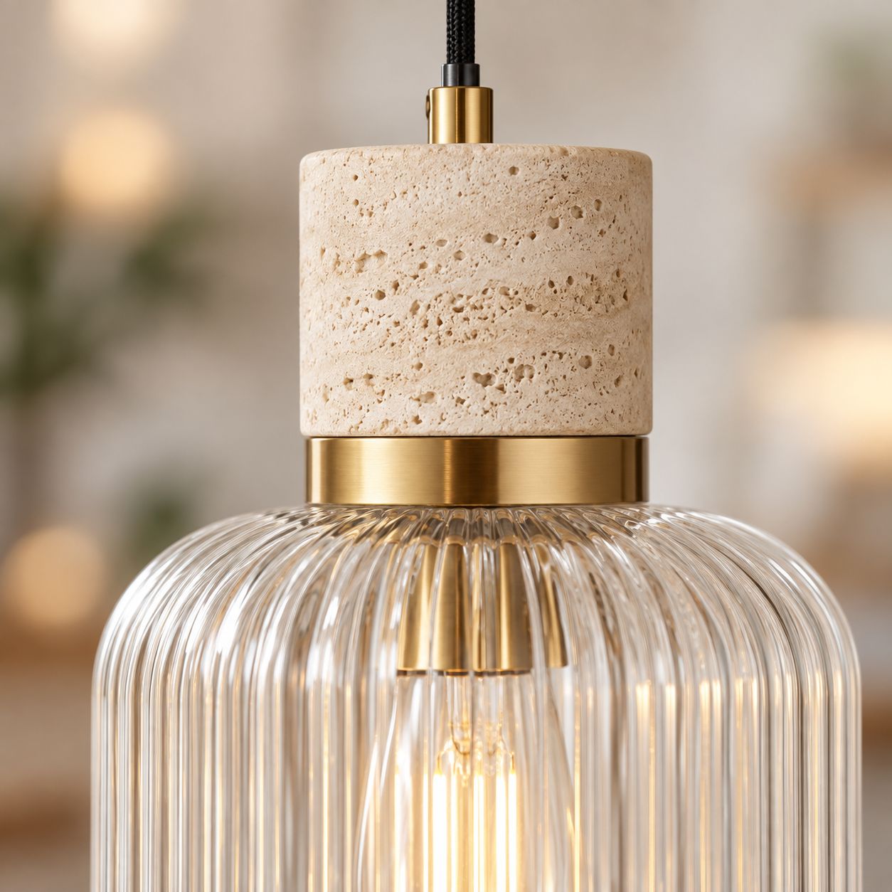 Taverna Ribbed Glass Pendant Light — Travertine & Vintage Brass
