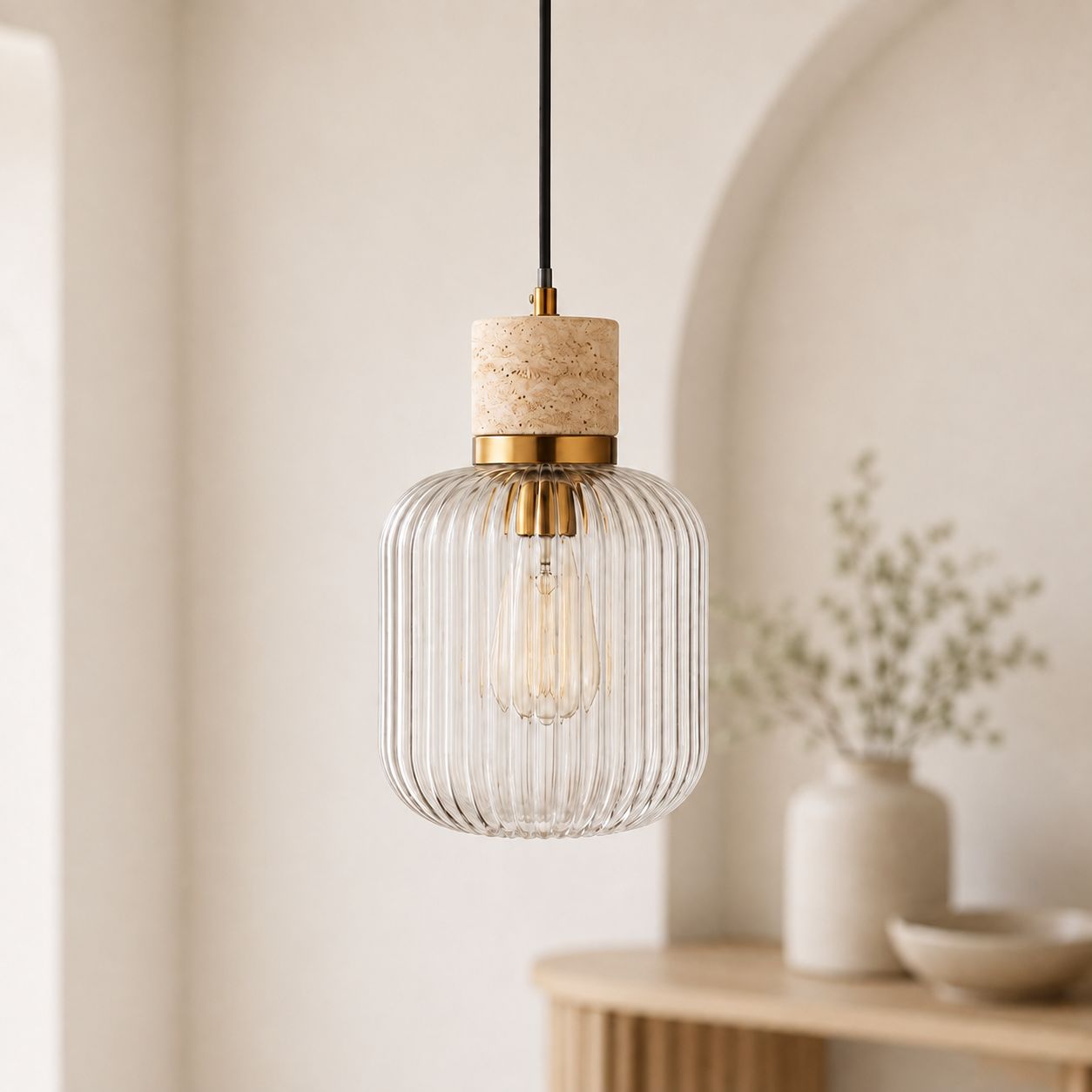 Taverna Ribbed Glass Pendant Light — Travertine & Vintage Brass