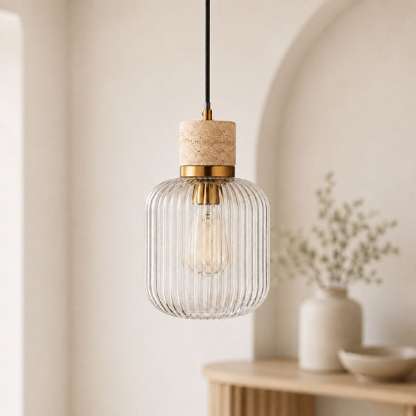 Taverna Ribbed Glass Pendant Light — Travertine & Vintage Brass