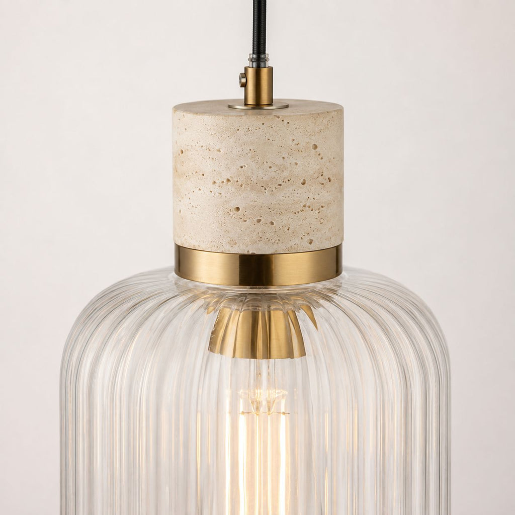 Taverna Ribbed Glass Pendant Light — Travertine & Vintage Brass