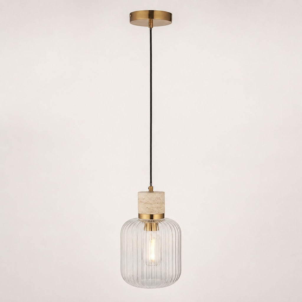 Taverna Ribbed Glass Pendant Light — Travertine & Vintage Brass