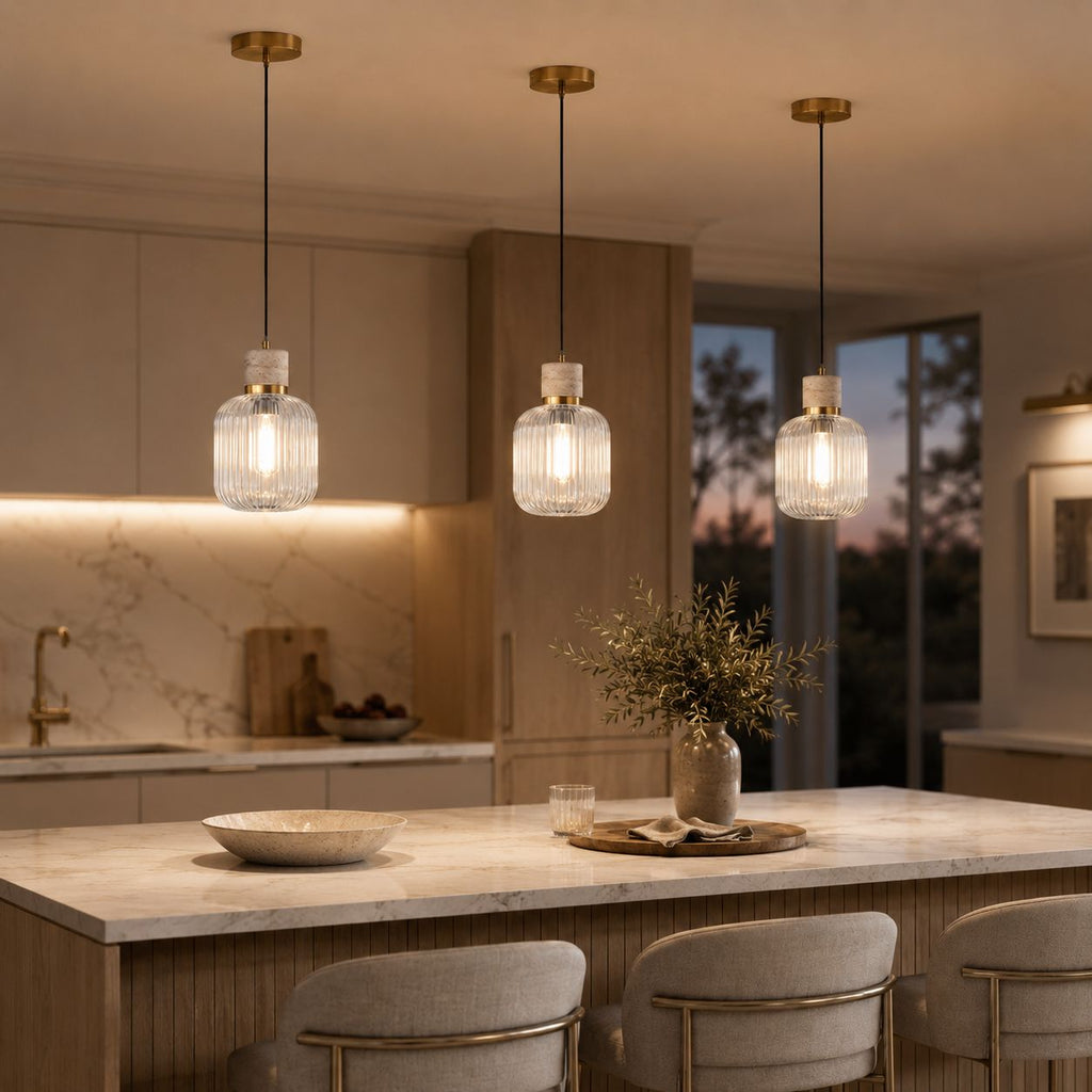 Taverna Ribbed Glass Pendant Light — Travertine & Vintage Brass