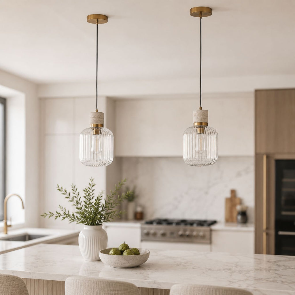 Taverna Ribbed Glass Pendant Light — Travertine & Vintage Brass