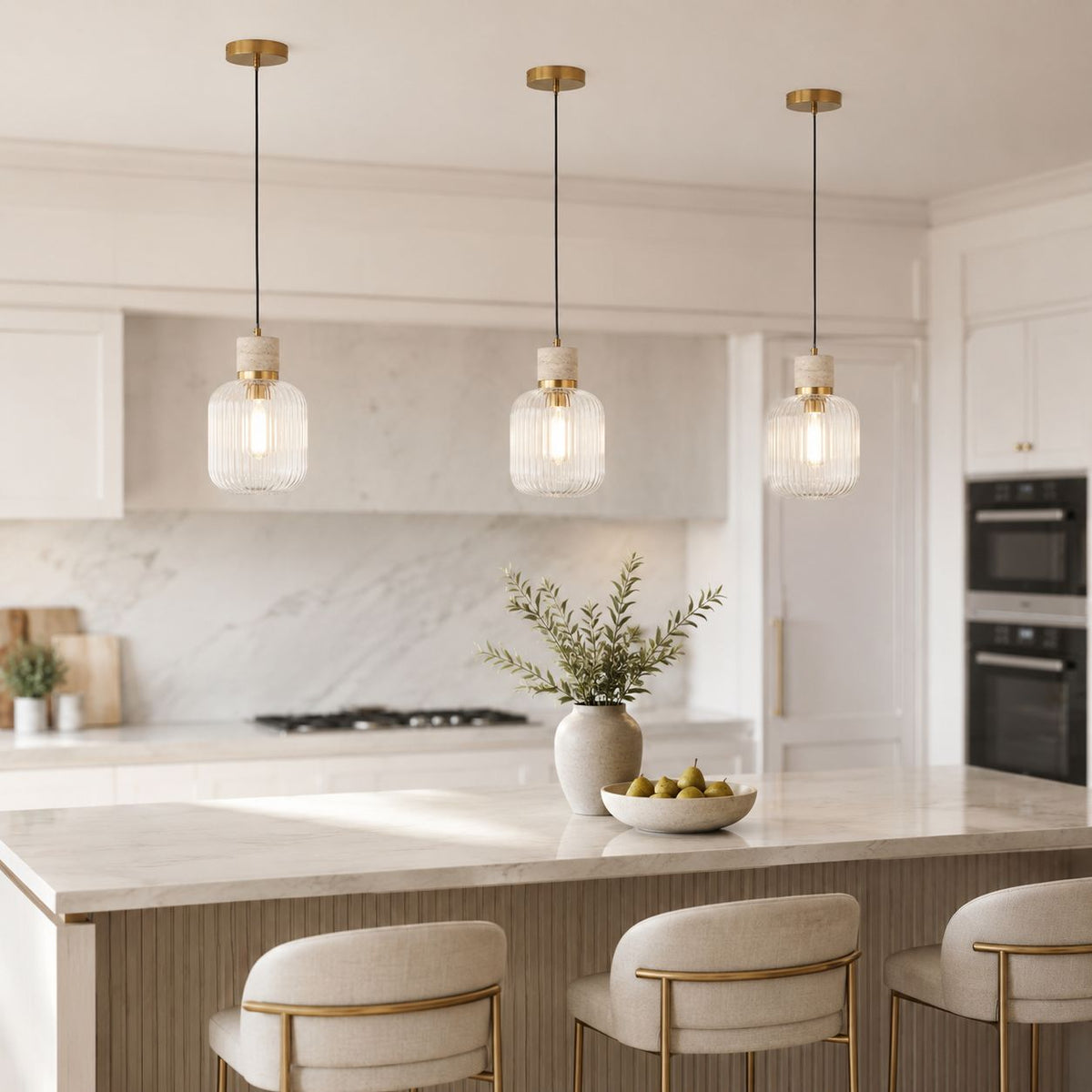 Taverna Ribbed Glass Pendant Light — Travertine & Vintage Brass