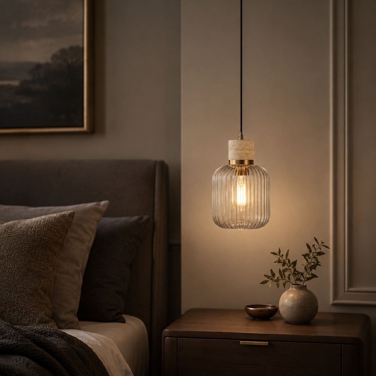 Taverna Ribbed Glass Pendant Light — Travertine & Vintage Brass