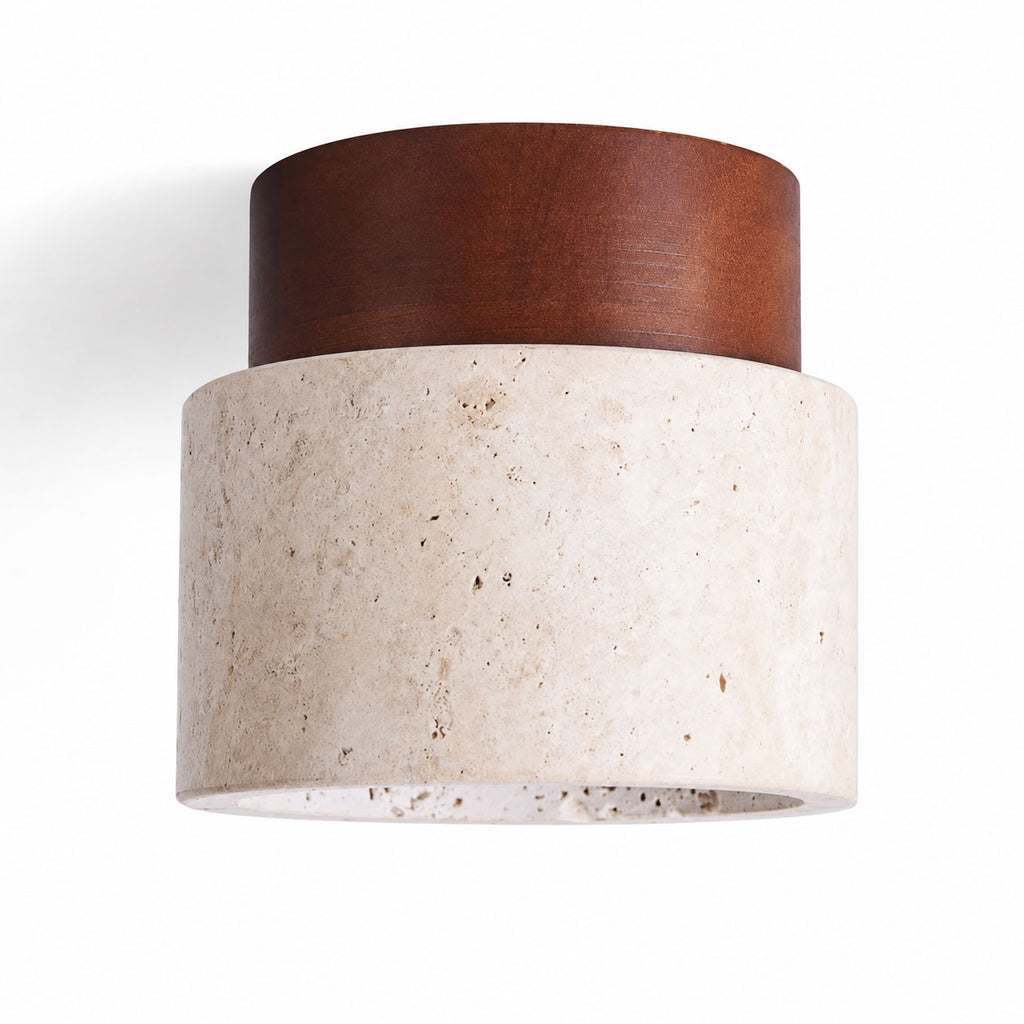 Tavira natural travertine flush ceiling light with dark wood cap, angled view on white