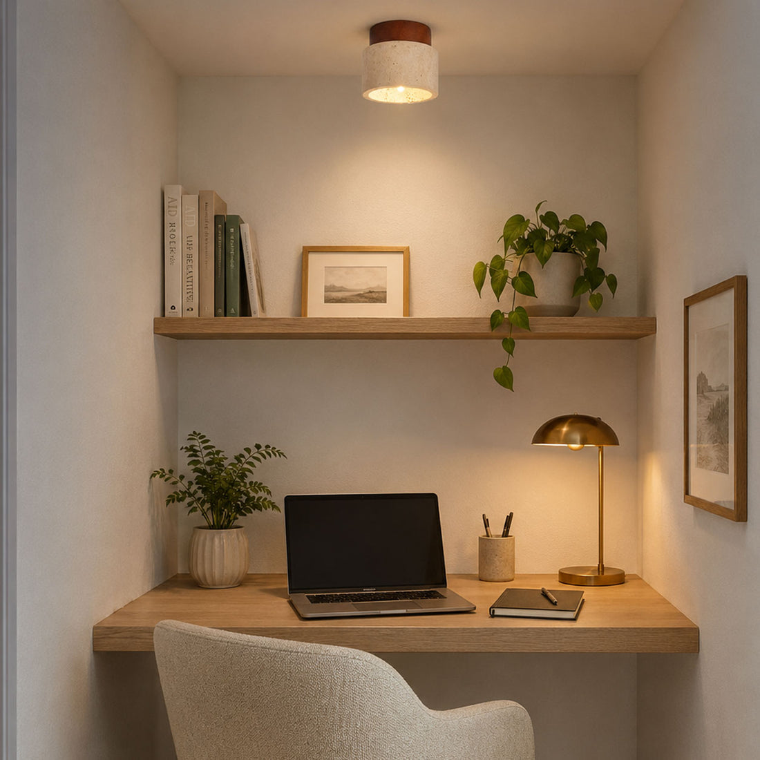 How Tavira Flush Round Ceiling Light — Natural Stone, Dark Wood lights a room