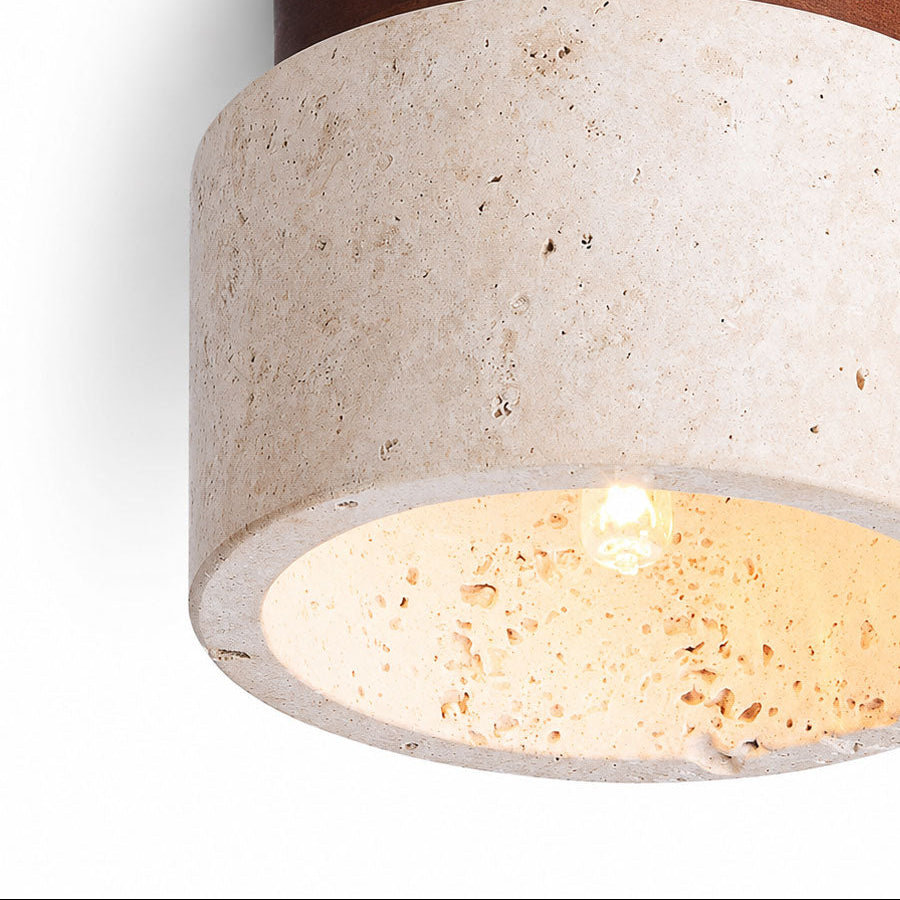 Tavira Flush Round Ceiling Light — Natural Stone, Dark Wood detail
