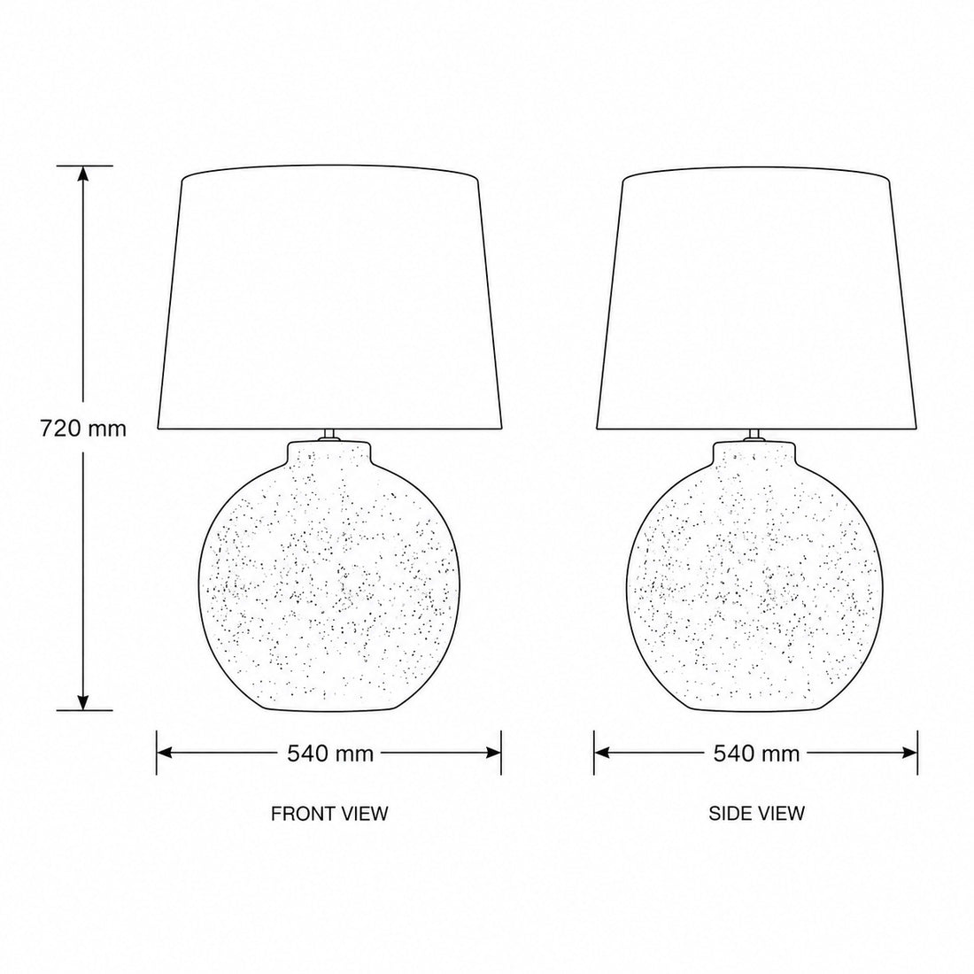 Tiber stone lamp dimensions — 720mm high, 540mm wide, front and side views