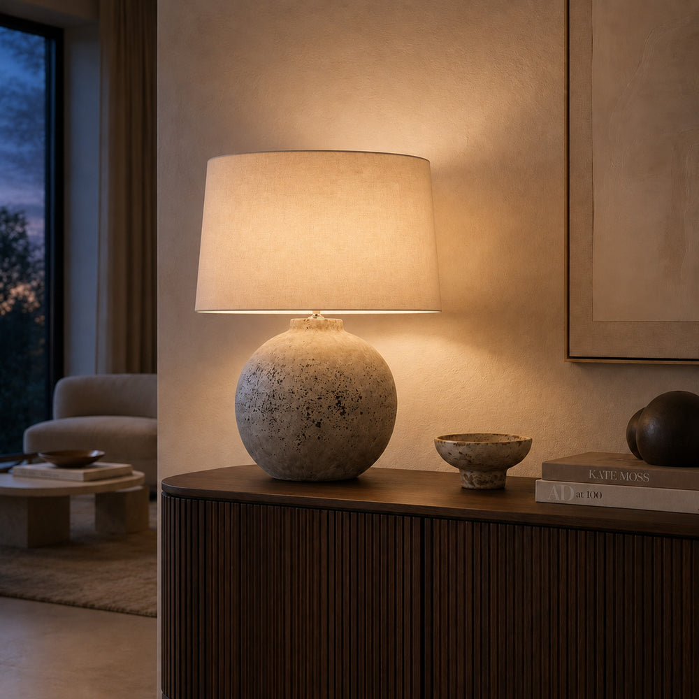 Tiber Stone Table Lamp — Flecked Stone, Large after dark