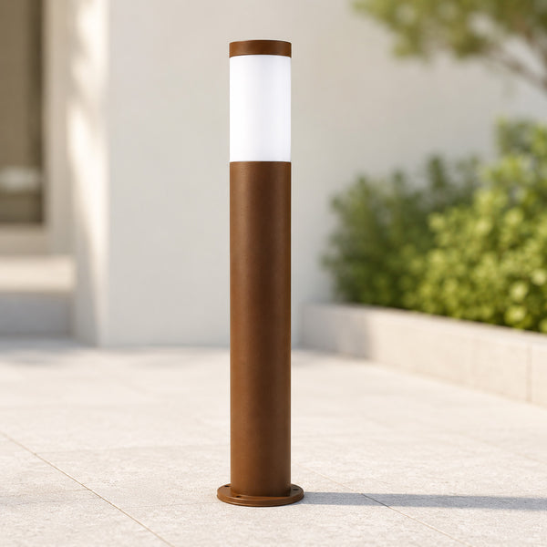 Tokyo 70cm bronze outdoor path bollard with opal diffuser in daylight
