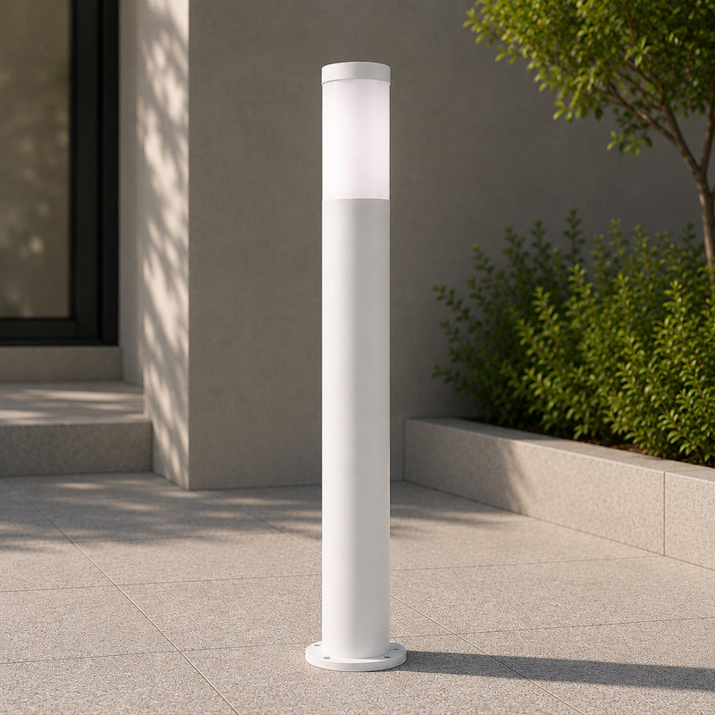 Tokyo 110cm white outdoor path bollard with opal diffuser on a patio