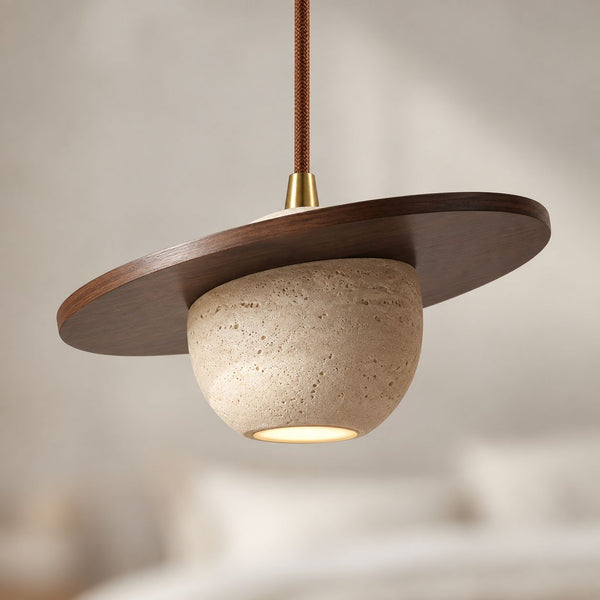 Tomo Travertine & Wood Pendant Light — Single, 20 cm