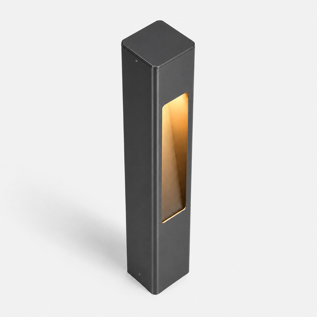Torino anthracite GU10 bollard post light, angled view showing the lit aperture