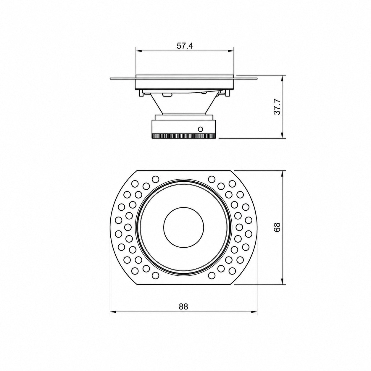 Kanto Mini downlight dimensions — 88mm plaster flange, 57.4mm face, 37.7mm depth